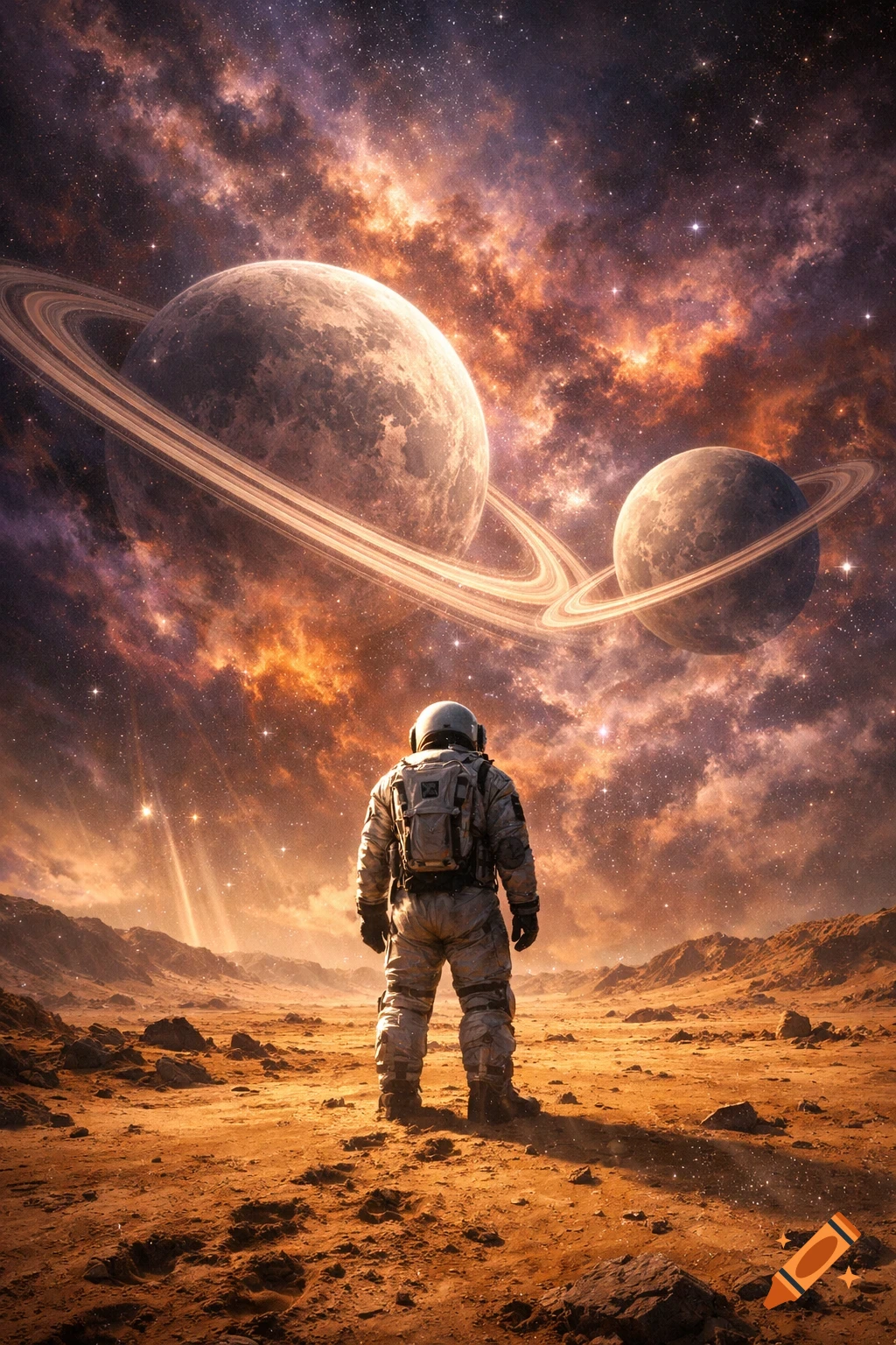 An astronaut stands on a rocky alien planet, gazing at two large ringed planets and a vibrant nebula in the sky.