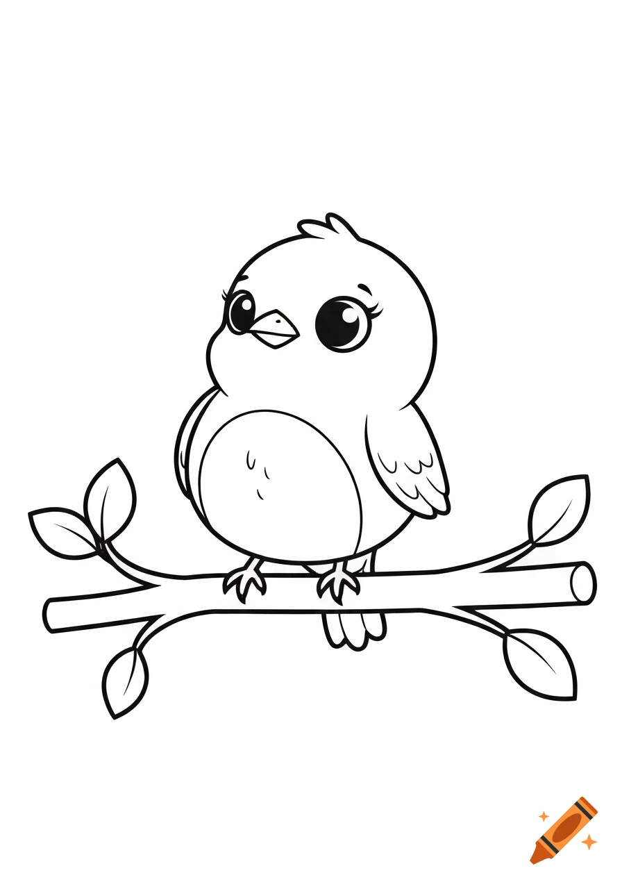 A cute kawaii baby bird sitting on a branch, depicted in simple black and white line art for a coloring page.