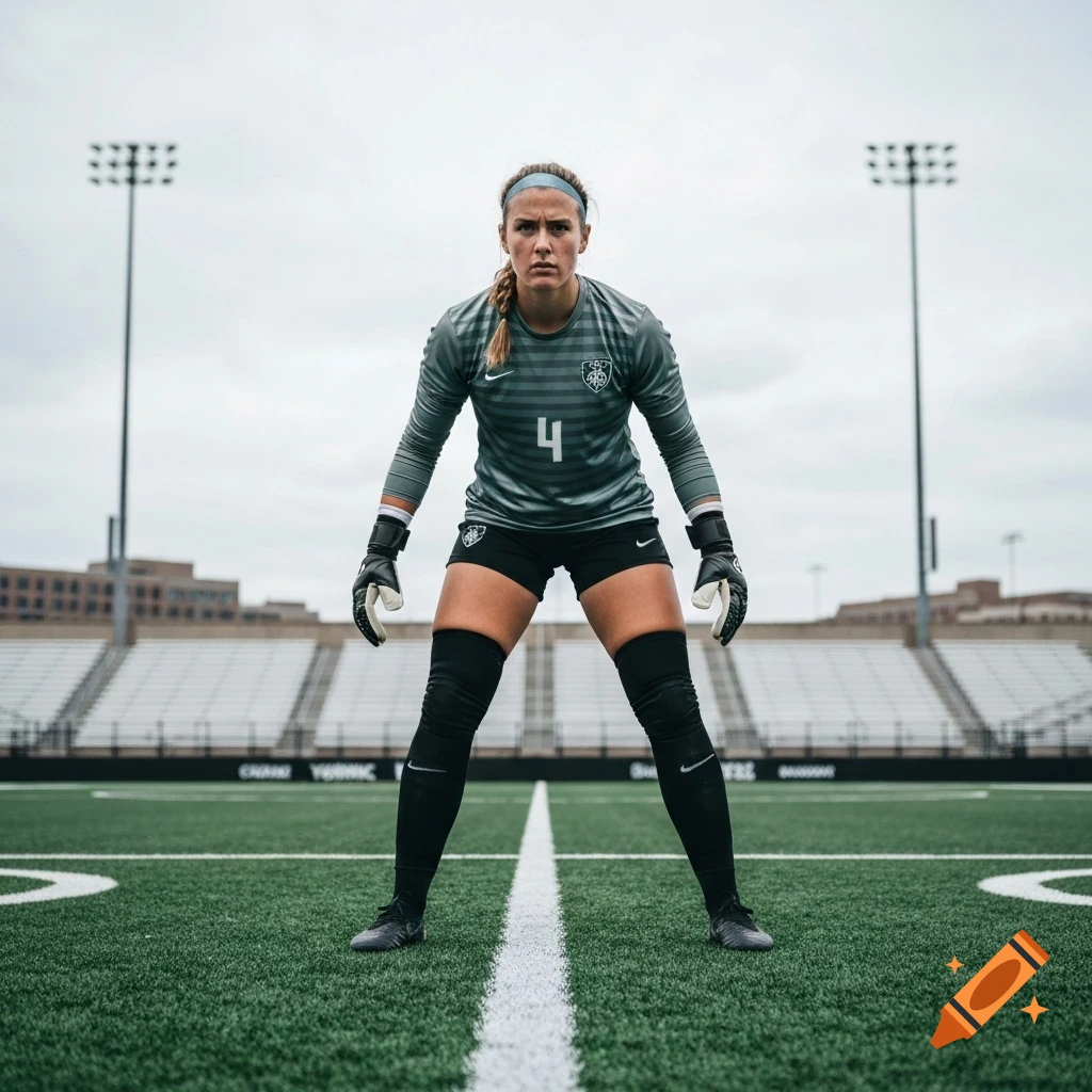 A female soccer goalkeeper in a grey uniform with the number 4 stands ready on a green field, stadium lights in the background.