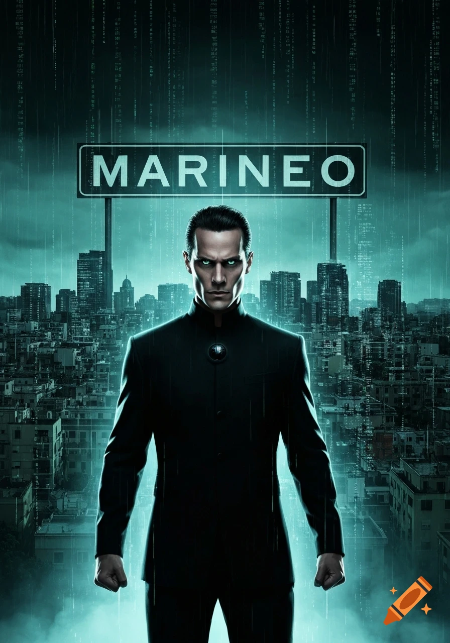 A man with glowing green eyes in a dark suit stands before a futuristic city and a "MARINEO" sign, in a Matrix-style poster.