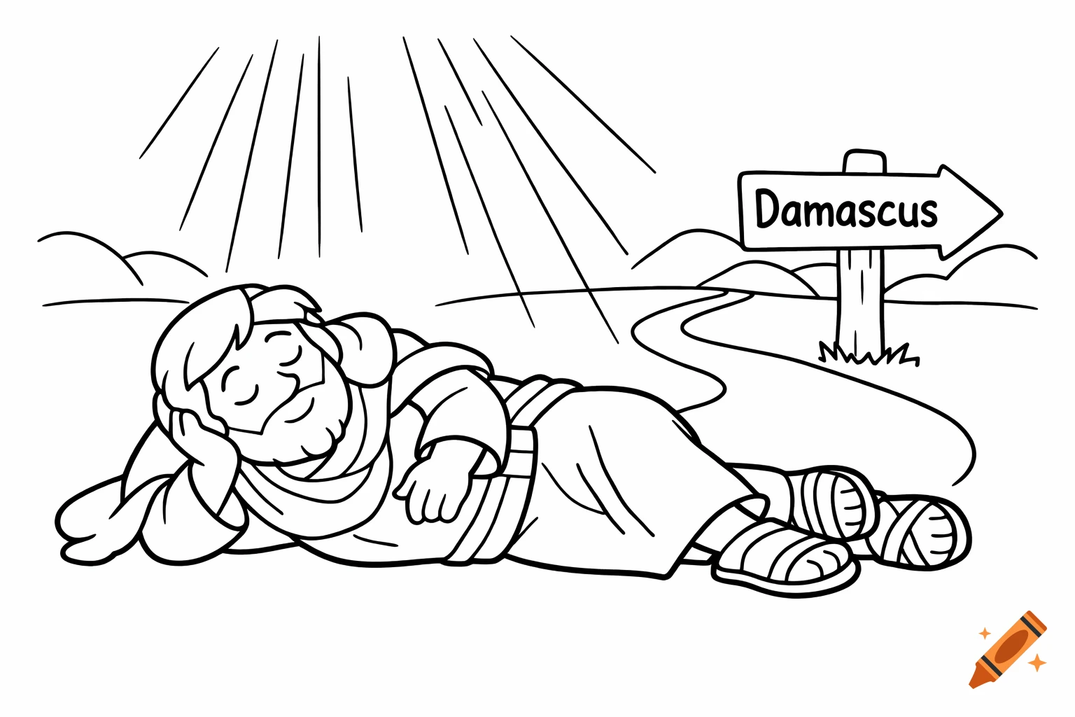 Black and white line art of a man lying on the ground, with light rays from above and a 'Damascus' signpost nearby.