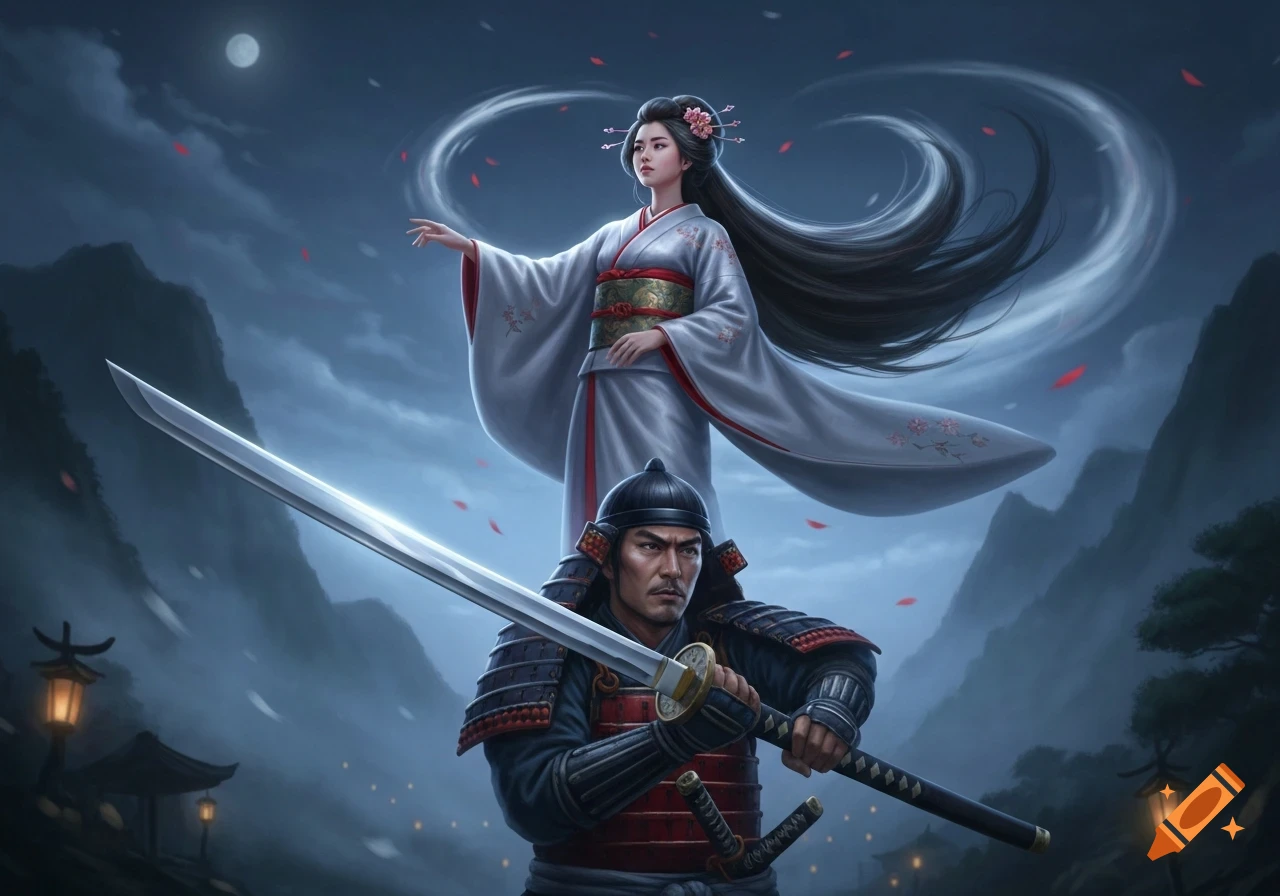 A Japanese samurai holds a katana while a princess floats above its blade, set against a moonlit fantasy landscape.