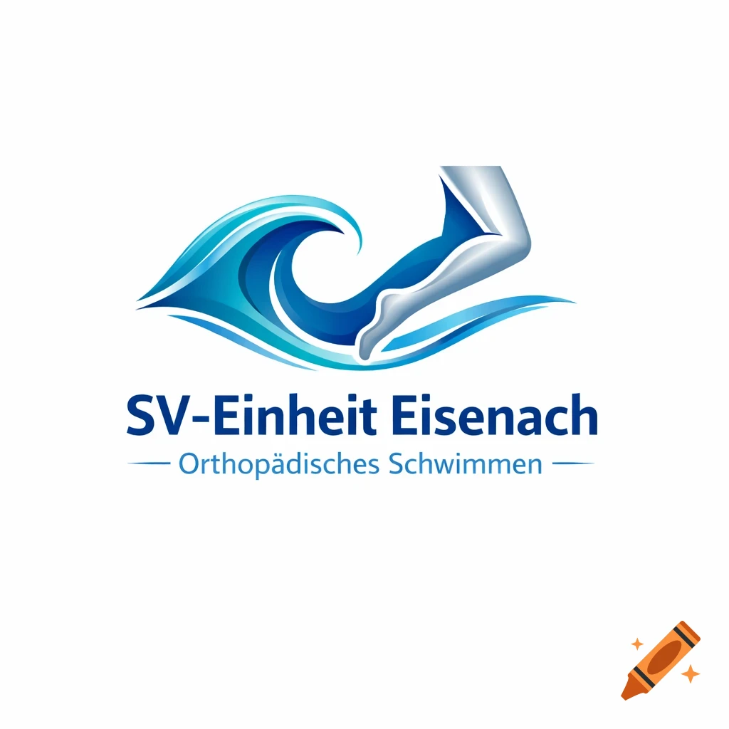 Logo for SV-Einheit Eisenach Orthopädisches Schwimmen featuring a silver leg kicking through blue waves.