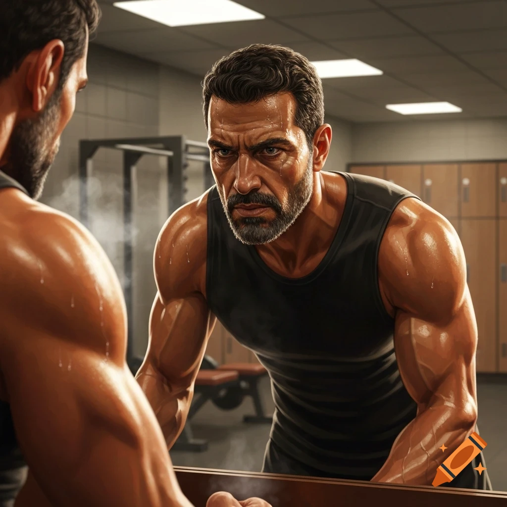 A sweaty, bearded man in a black tank top looks intensely at his reflection in a gym mirror, ready to train. Photorealistic.
