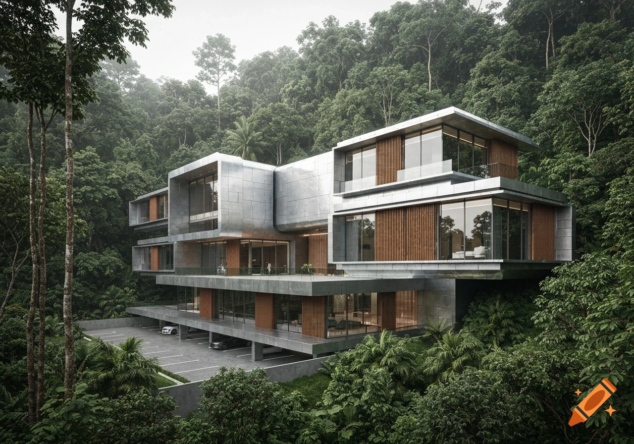 Realistic photo of a luxury futuristic mansion with metal, wood, and glass, in a dense tropical rainforest, with a parking lot.
