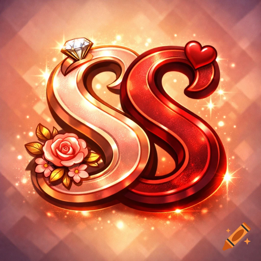 Two intertwined stylized 'S' letters, one light pink-gold with a diamond ring and rose, the other red with a heart, against a sparkling background.