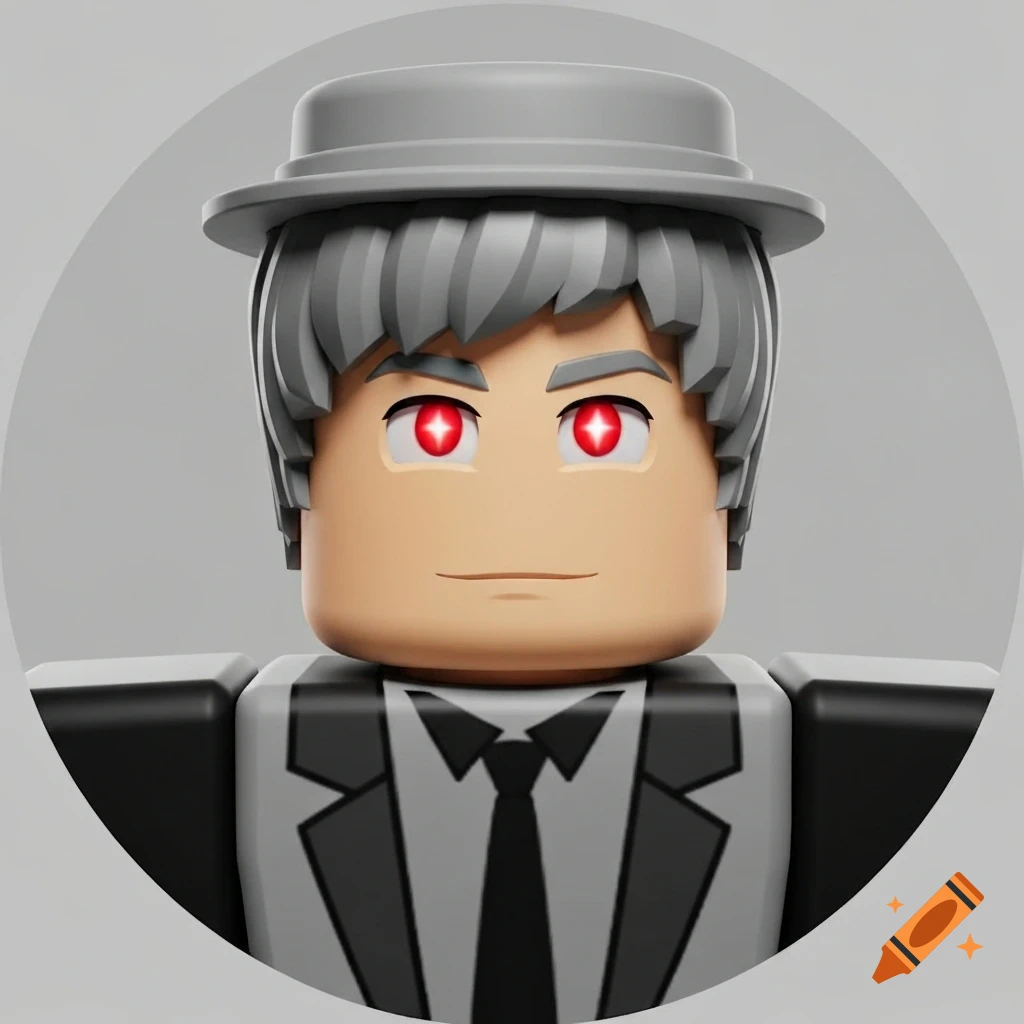 Roblox-style avatar with gray hair and hat, red glowing eyes, wearing a black suit and tie on a light gray background.