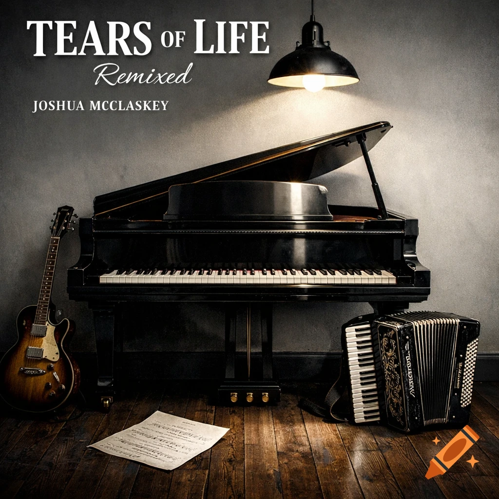 A photorealistic still life featuring a grand piano, electric guitar, accordion, and sheet music on a wooden floor, with album title text.
