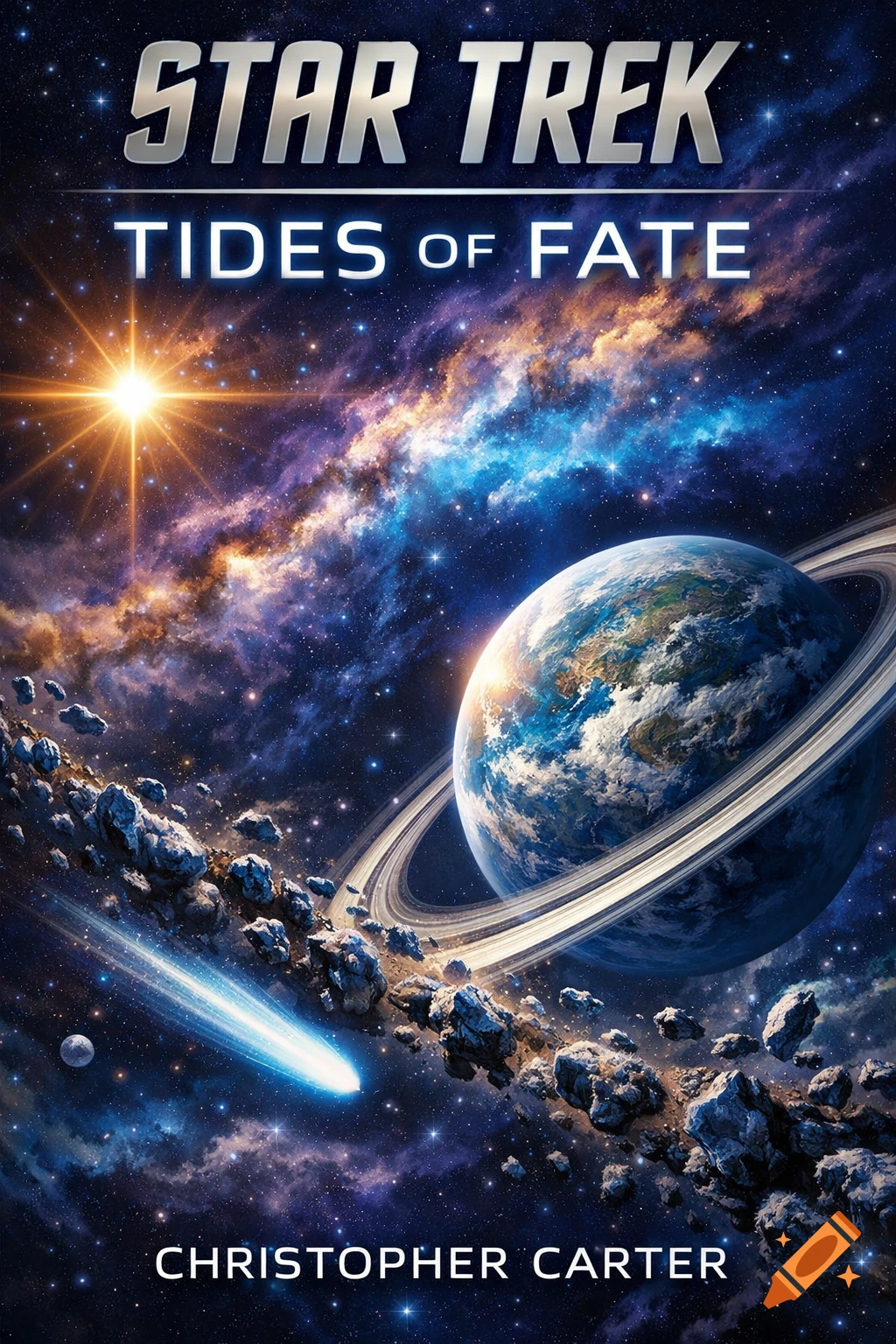 Vibrant Star Trek book cover showing an Earth-like planet with rings, a comet, and colorful nebulae against a starfield.