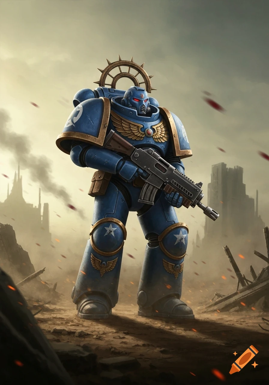 A blue armored Space Marine from Warhammer 40k, holding a rifle, stands in a desolate, war-torn landscape under a cloudy sky.