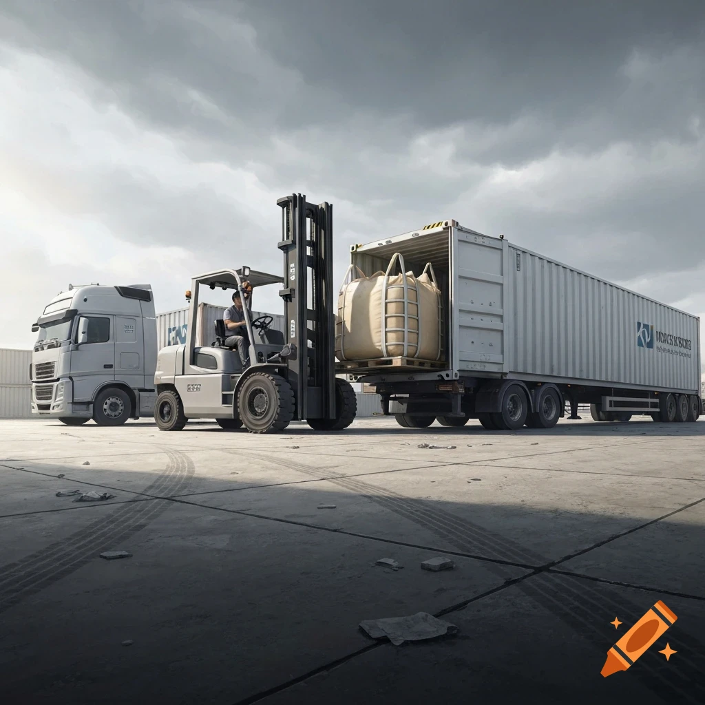 Photorealistic image of a forklift loading large bags into a shipping container on a truck at an industrial loading dock.