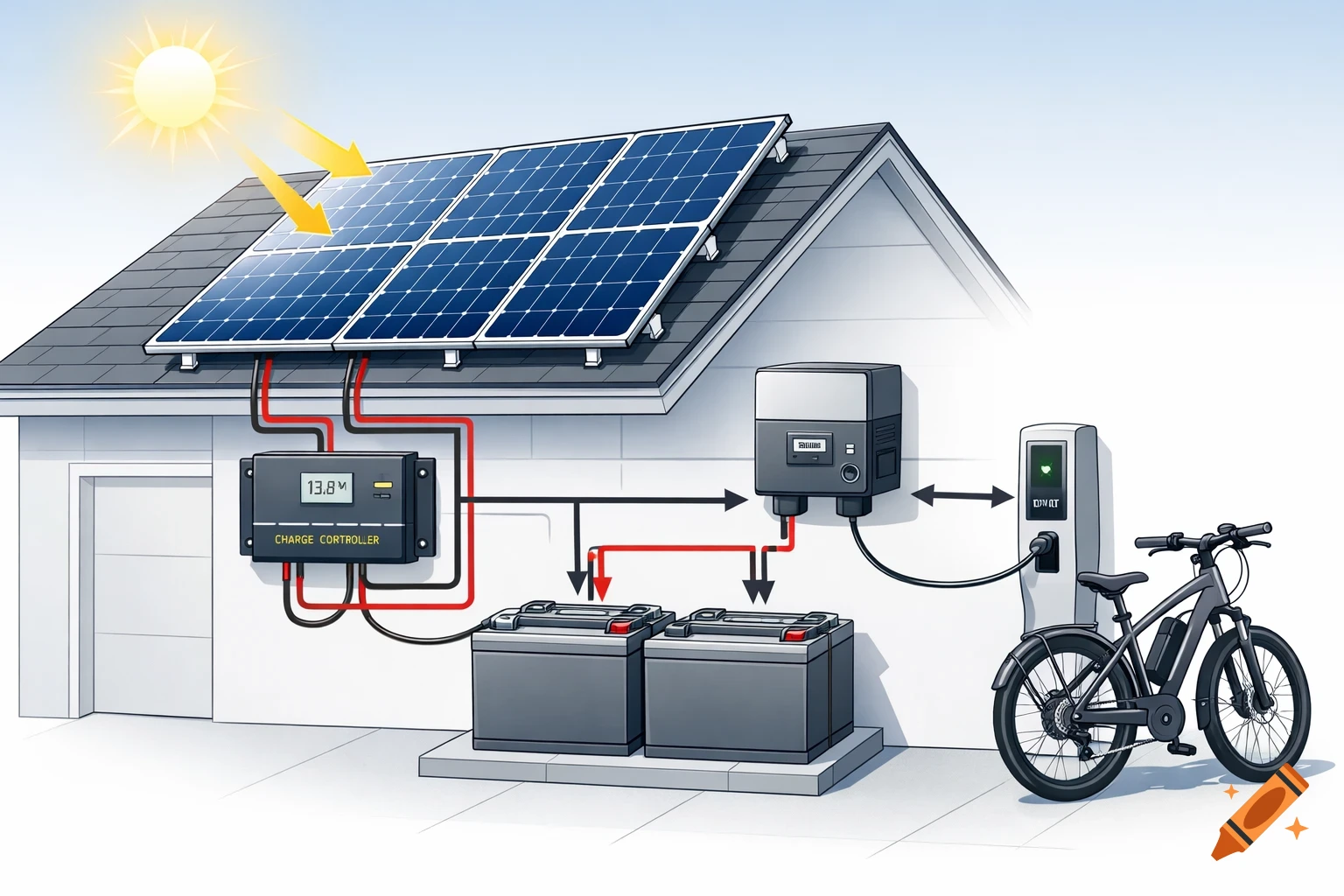 Illustration of a home solar panel system on a garage roof, with batteries and an electric bike charging station.