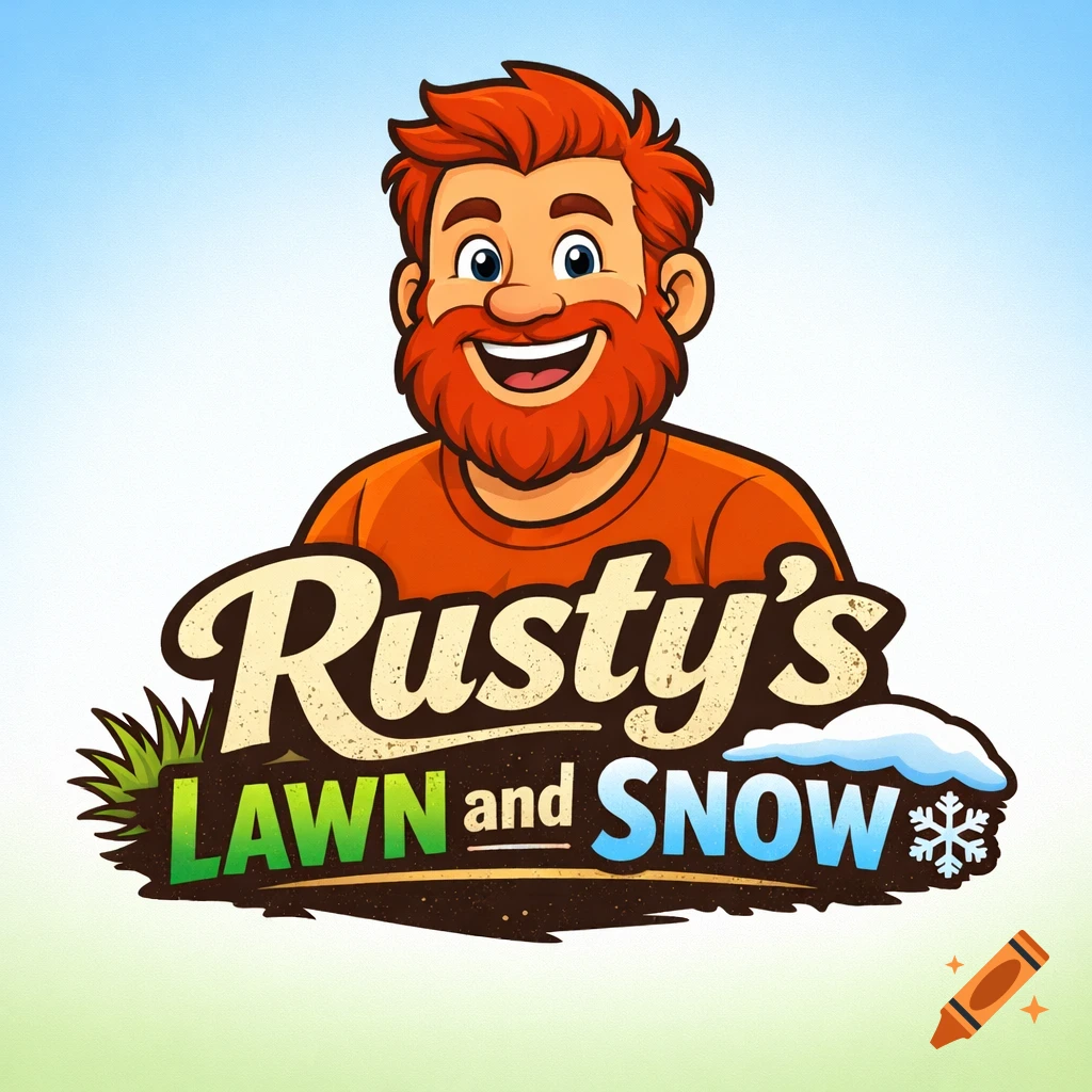 Cartoon logo for Rusty's Lawn and Snow, featuring a smiling man with a red beard and the business name.