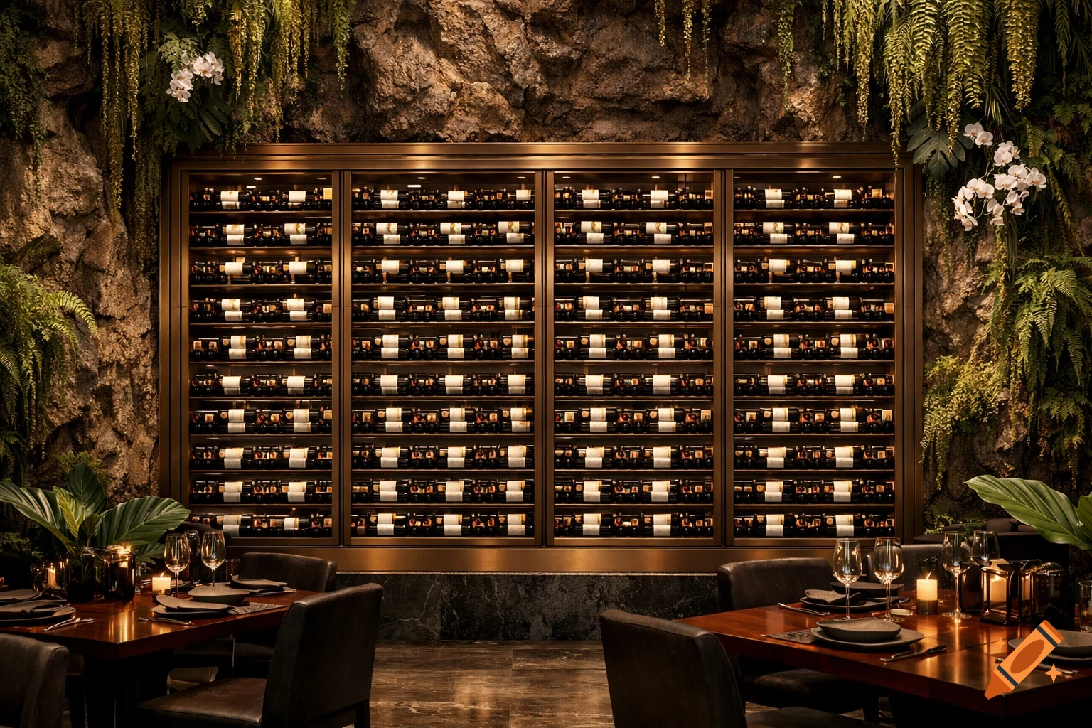 A luxurious restaurant with a large wine wall built into a rainforest cliff, surrounded by ferns and tables set for dining.