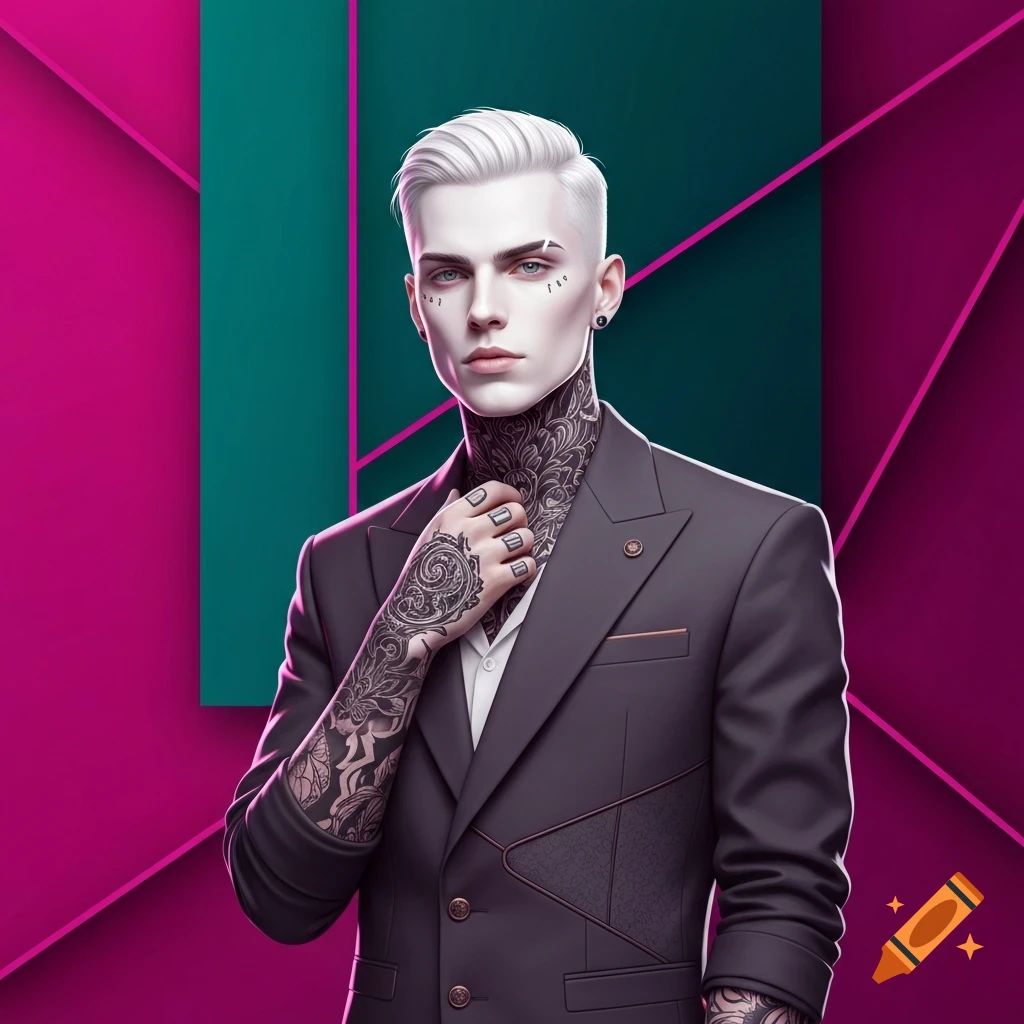 Stylish young man with white hair, blue eyes, and intricate floral tattoos on his neck, arm, and hand, wearing a dark suit, against a geometric pink and green background.