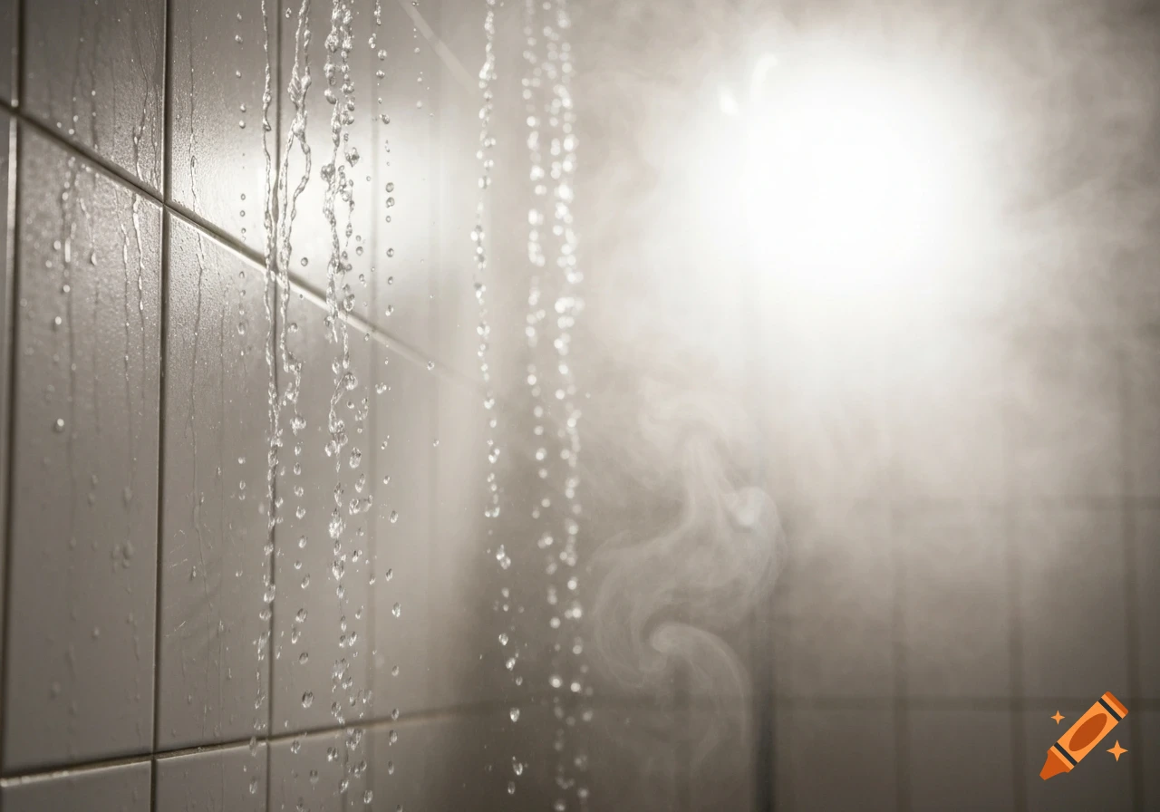 Photorealistic close-up of water cascading down tiled shower walls amidst steam and bright light.