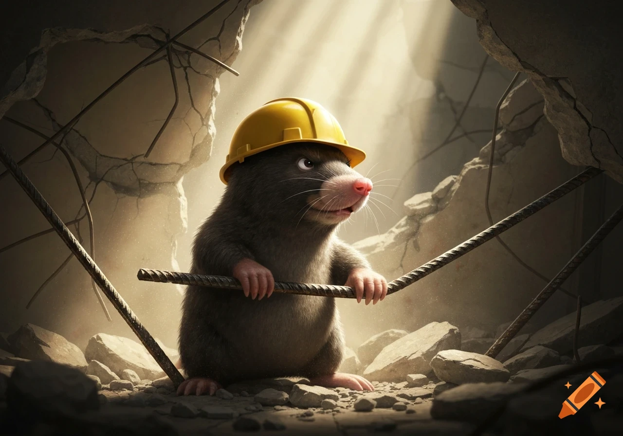 A cute, fluffy mole wearing a yellow hard hat stands in a debris-filled, destroyed building, holding a piece of rebar in its paws, depicted in a detailed cartoon style.