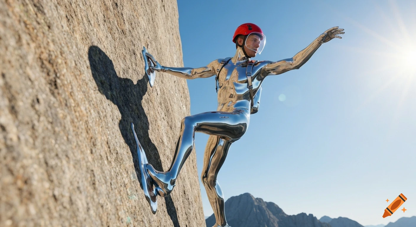 A chrome-plated man in a red helmet and transparent visor rock climbing a steep mountain under a clear sunny sky, with his liquid metal boots and right hand fusing with the rock.