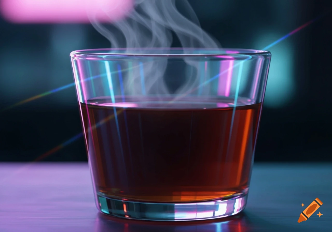 A clear glass filled with a steaming hot amber drink, reflecting vibrant blue and pink neon lights on a dark background.