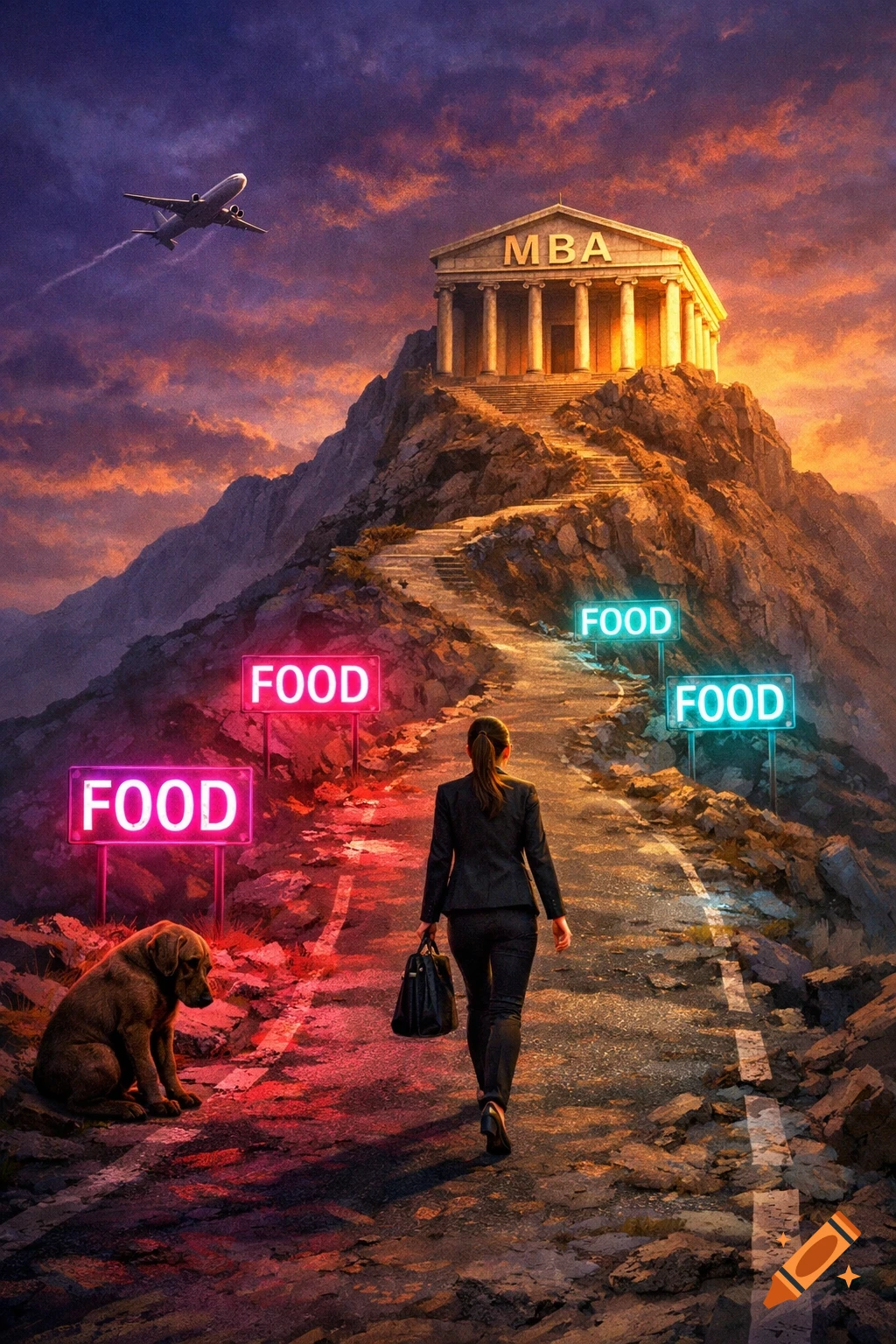 A woman walks up a mountain path towards an "MBA" temple. Neon "FOOD" signs line the path, a sad dog sits nearby, and an airplane flies above.