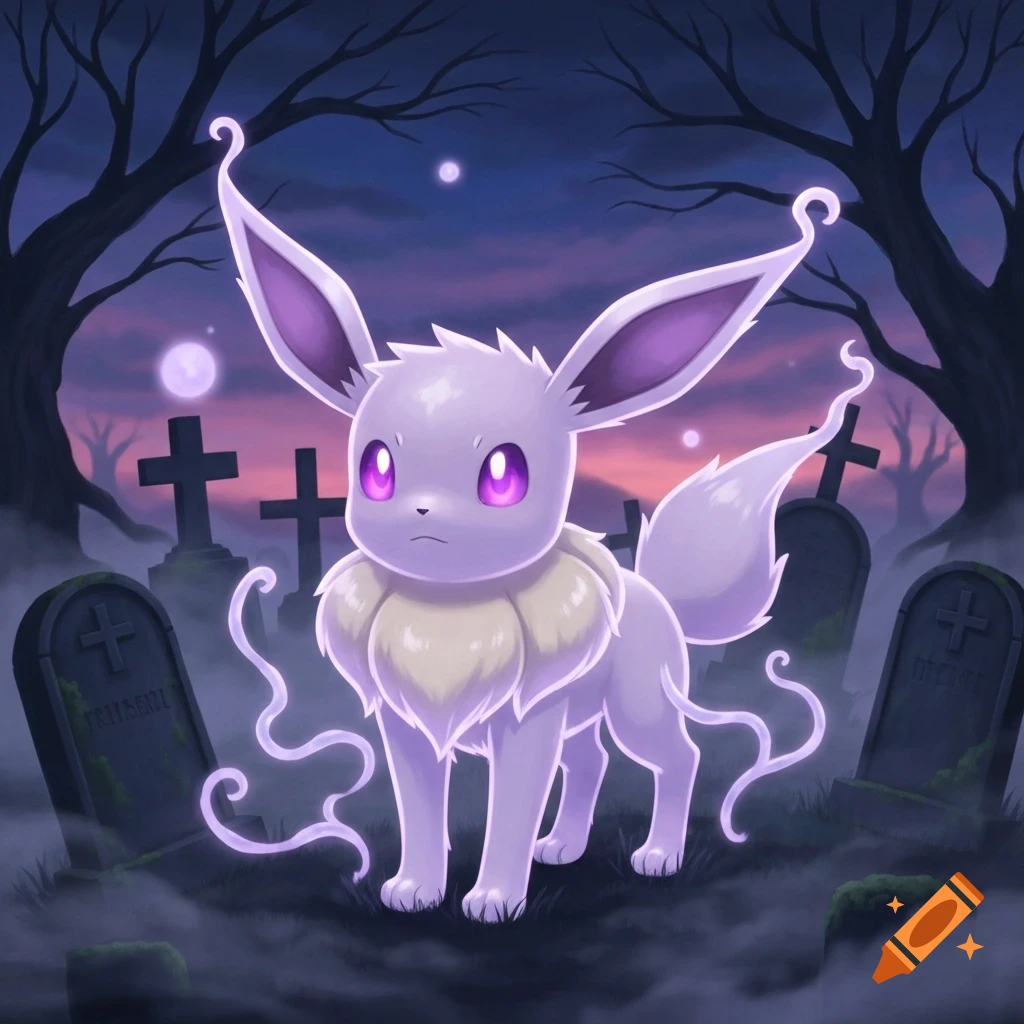 A purple, ghost-like Eevee Pokémon stands in a foggy graveyard at dusk, with glowing purple eyes and tendrils.
