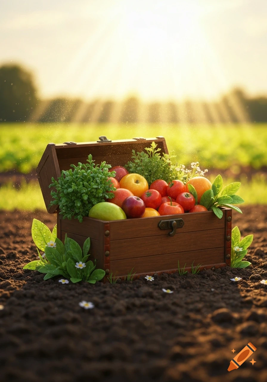 A rustic wooden chest overflows with fresh fruits and vegetables in a sun-drenched field.