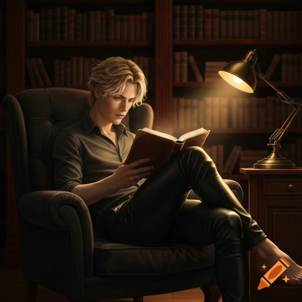 A young blonde man in dark clothes reads a glowing book in a dimly lit library, sitting in a leather armchair.