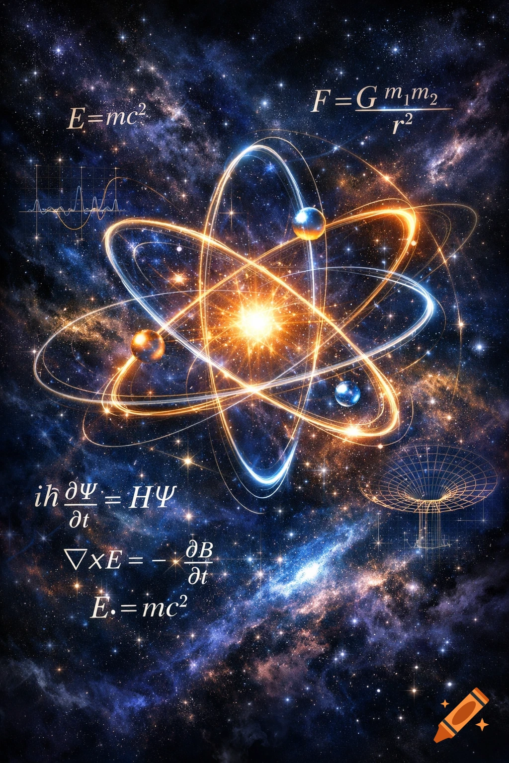 A vibrant illustration of an atom model with glowing orbital paths and electrons, set against a star-filled galaxy. Various physics equations float in the cosmic background.