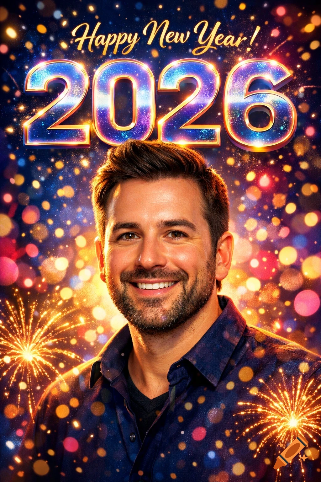 A smiling man's portrait against a background of festive bokeh lights and fireworks, with 'Happy New Year! 2026' text above him.