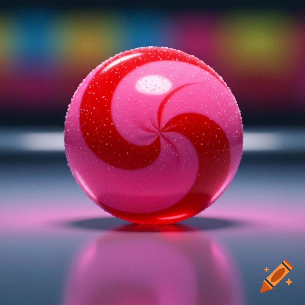 A vibrant red and pink swirled gumball covered in glistening water droplets, reflecting on a dark, reflective surface.