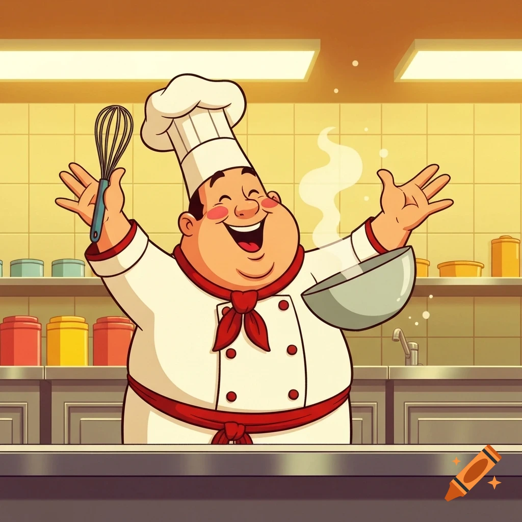 A happy cartoon chef in a white uniform and red scarf, holding a whisk and a bowl, in a kitchen.