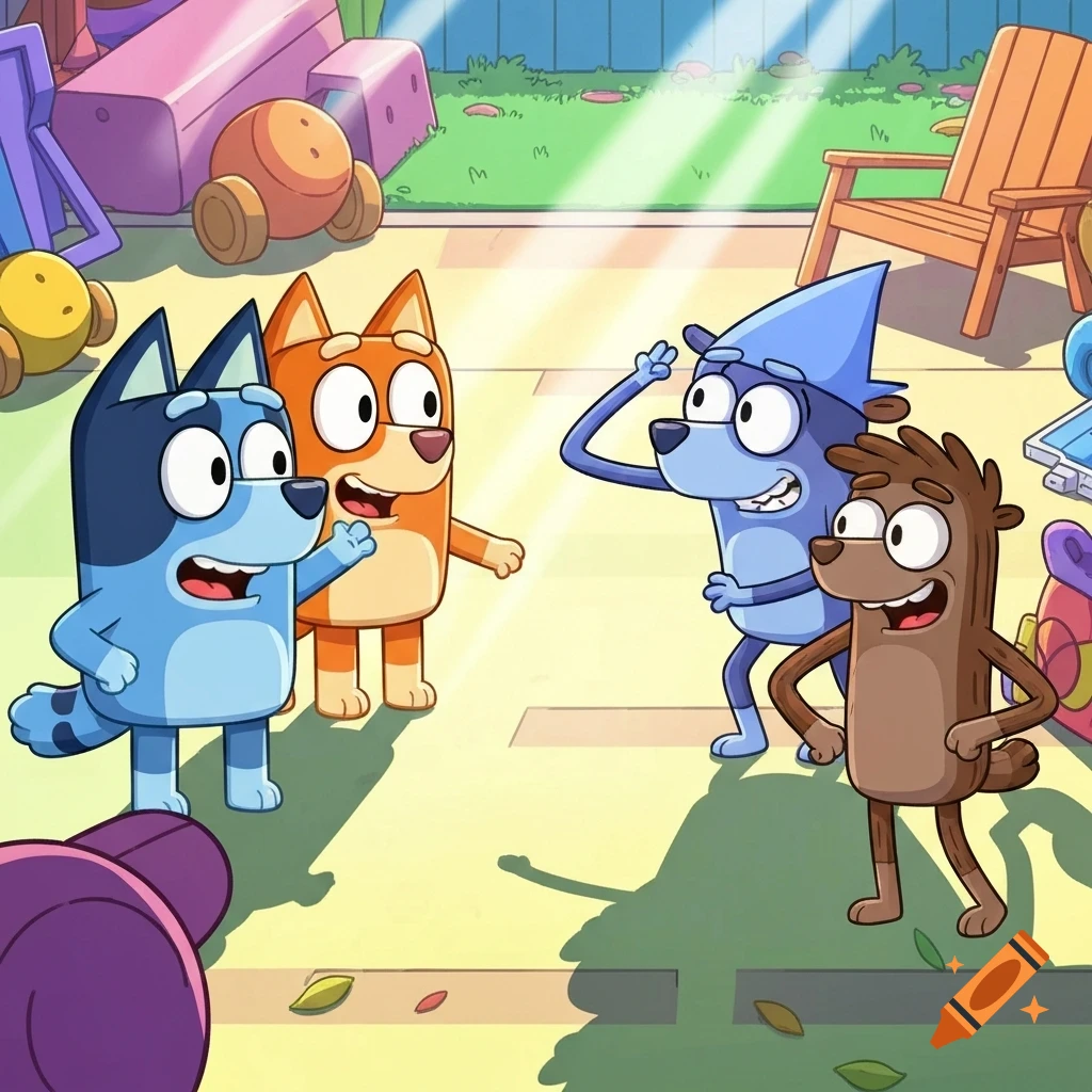Four animated dog-like characters resembling Bluey, Bingo, Mordecai, and Rigby in a colorful backyard with toys.