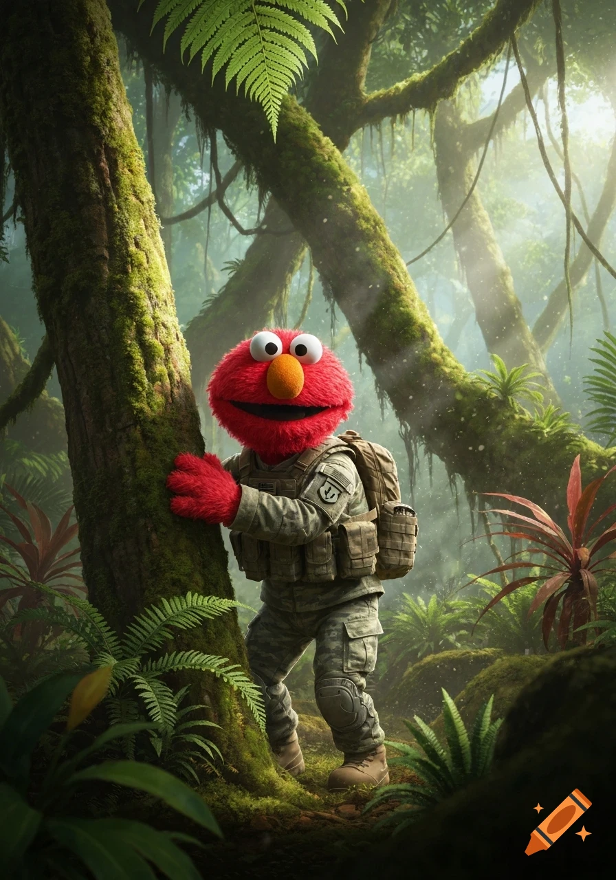 Photorealistic image of Elmo wearing US army gear, taking cover behind a mossy tree in a lush, sunlit jungle.