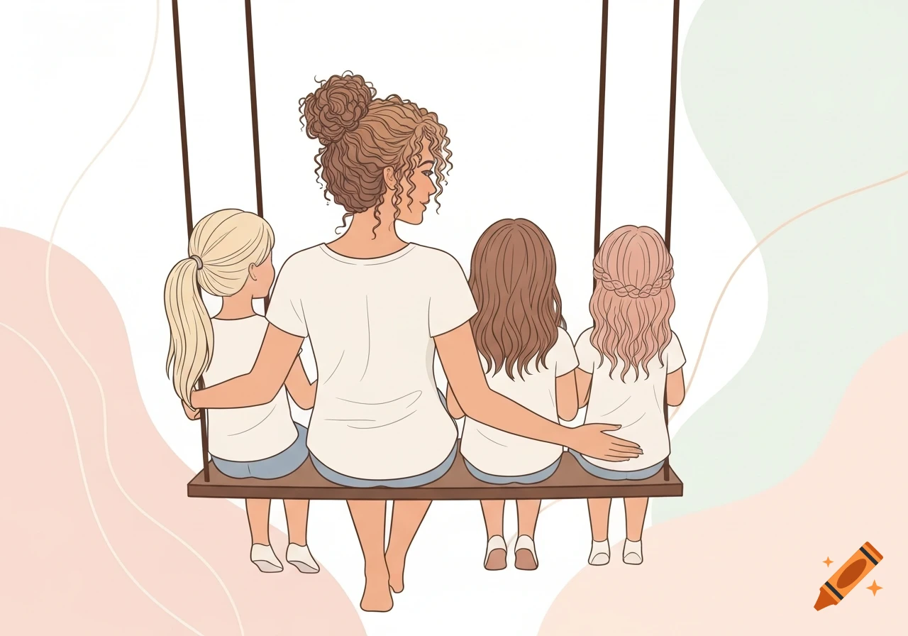 Clipart vector illustration of a mother and her three daughters sitting on a swing, seen from behind.