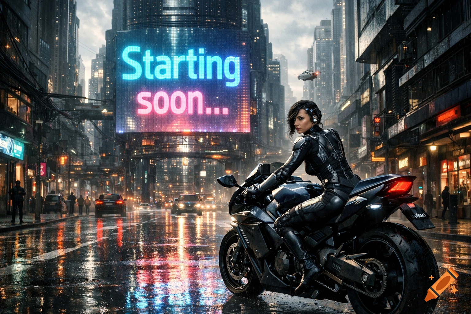 Photorealistic image of a woman on a futuristic motorcycle in a rainy cyberpunk city. A large neon billboard in the background reads 'Starting soon...'