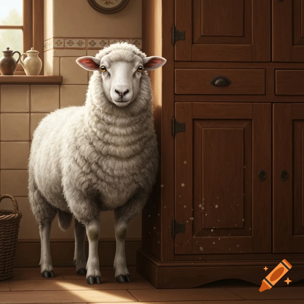 A photorealistic white sheep with thick wool stands in a sunlit kitchen next to a dark brown wooden cabinet.