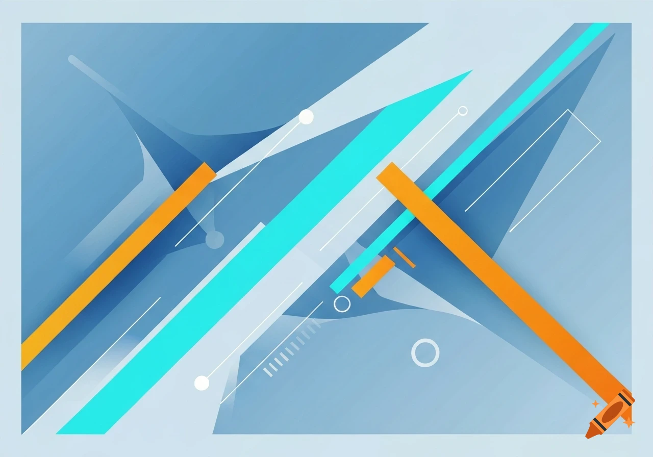 Abstract graphic with diagonal orange and blue lines, geometric shapes, and subtle transparent elements on a light blue background.