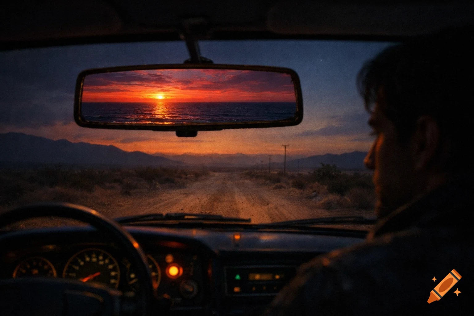View from inside a car at dusk, a driver's profile on the right. The rearview mirror perfectly frames a vivid orange sunset over the ocean.
