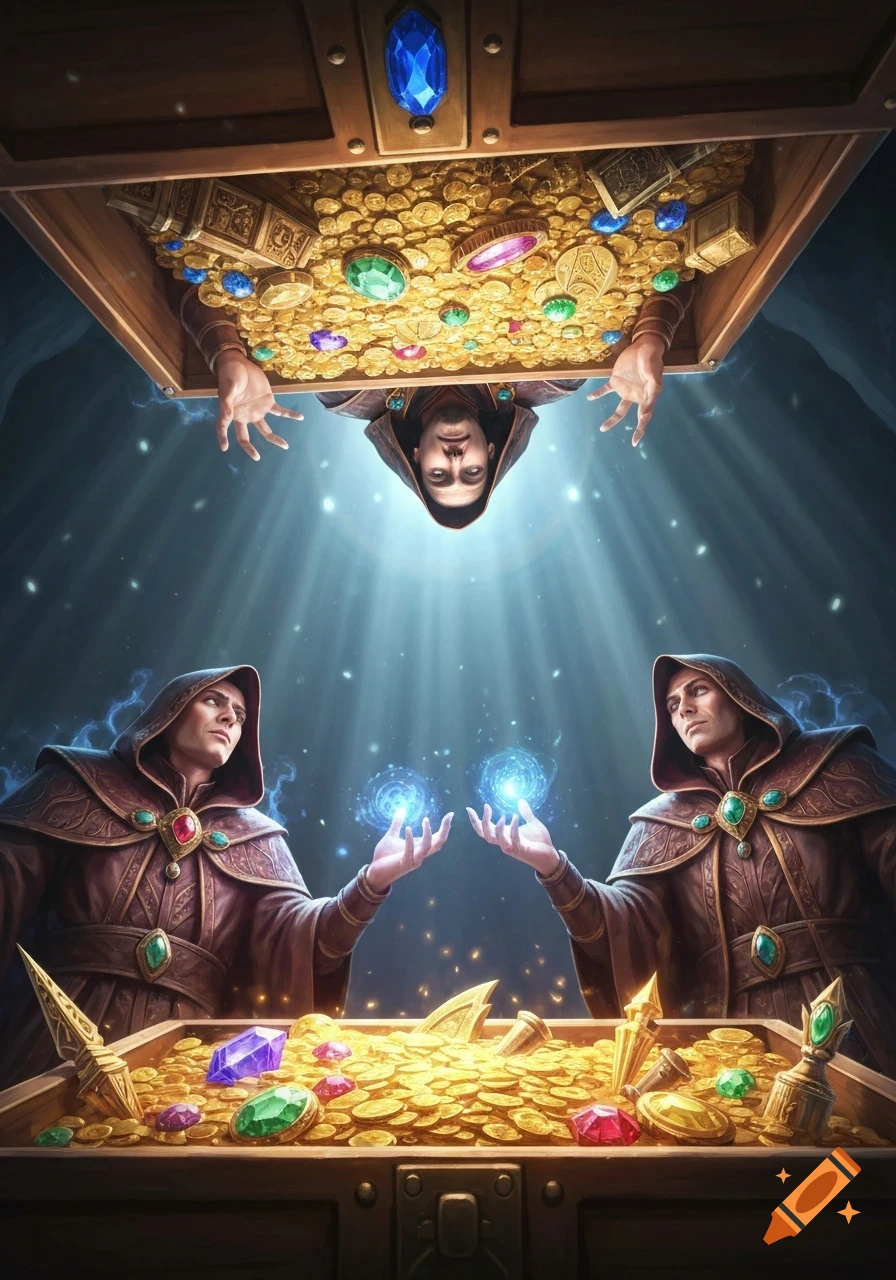 Three mages, one inverted, peer into an open treasure chest filled with gold and gems. The two mages below hold glowing blue orbs.