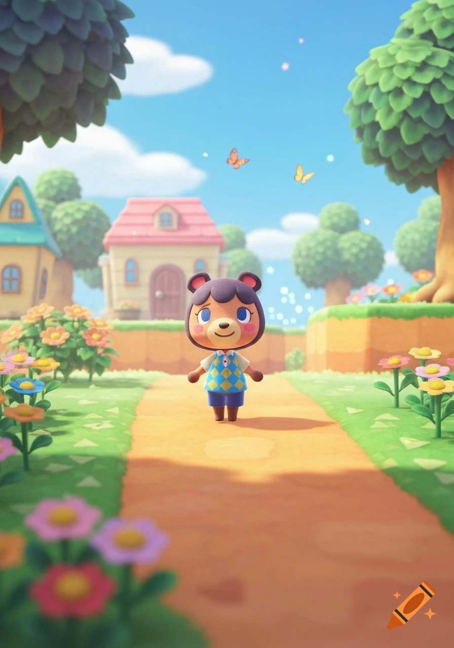 A cute Animal Crossing bear villager in a patterned vest stands on a path in a bright, colorful village with houses and flowers.