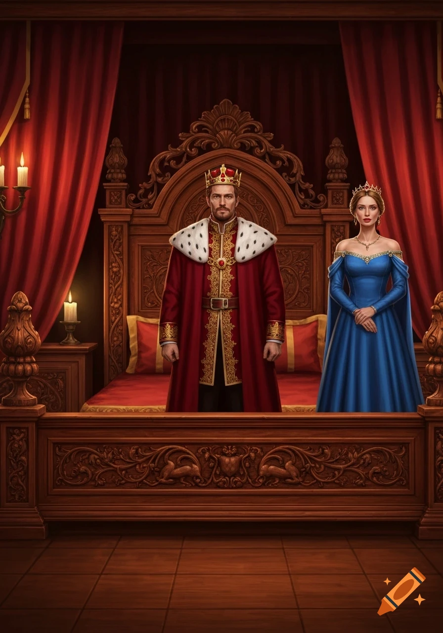 A regal king in red and a queen in blue stand before an ornate wooden bed in a lavish chamber with red curtains.