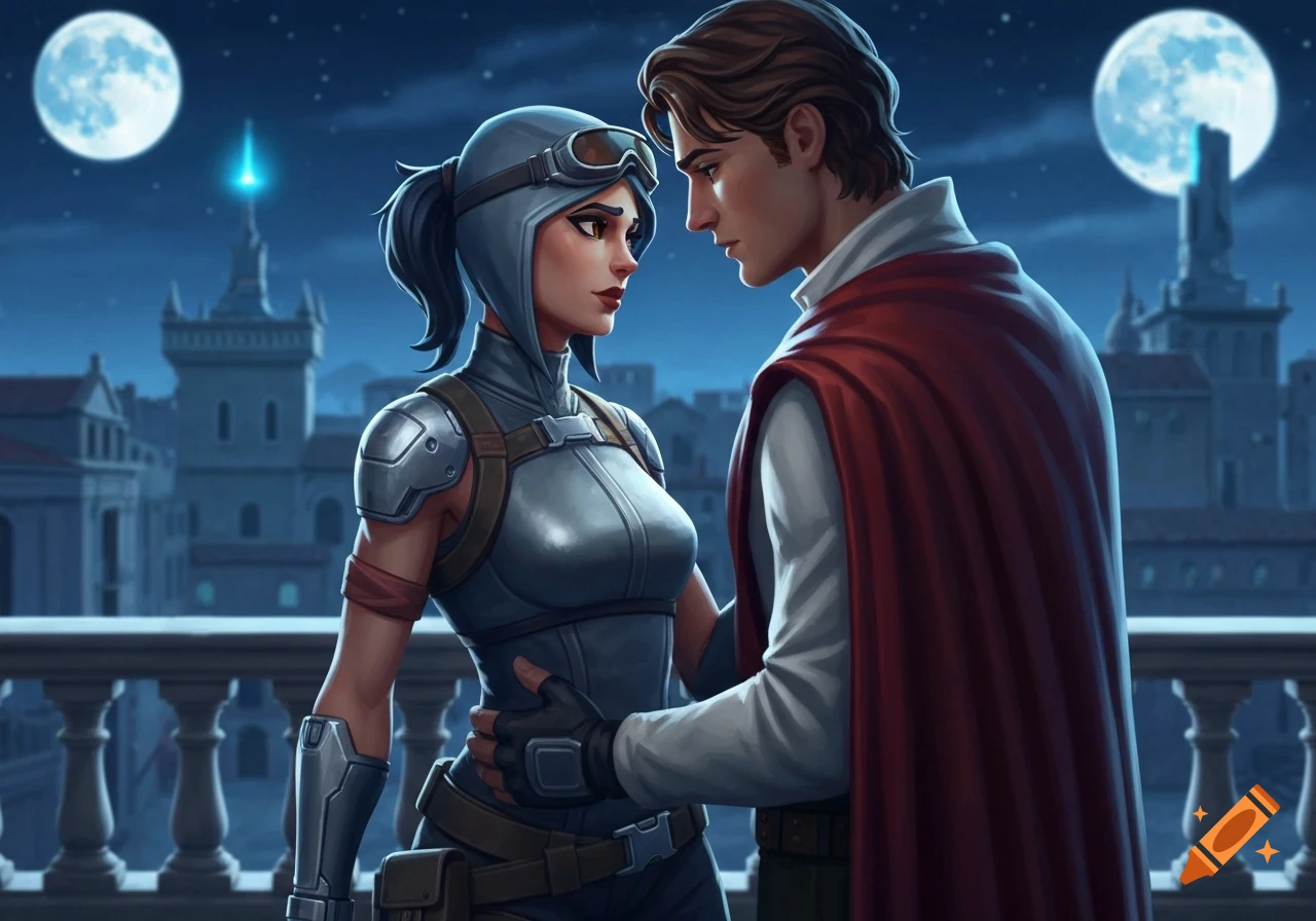 Stylized game art of a man in a red cape embracing a woman in a gray armored suit and goggles on a balcony at night, under two moons with a city skyline.