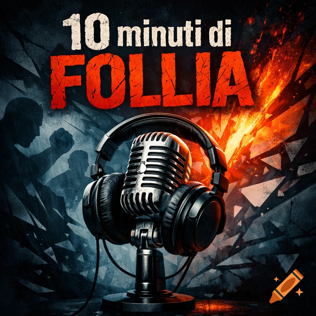 Dramatic podcast cover with a retro microphone, headphones, and text '10 minuti di FOLLIA'. Features silhouetted figures and fire.