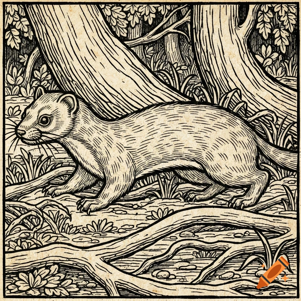 A detailed medieval woodcut illustration of a stoat walking through a forest with trees and branches.