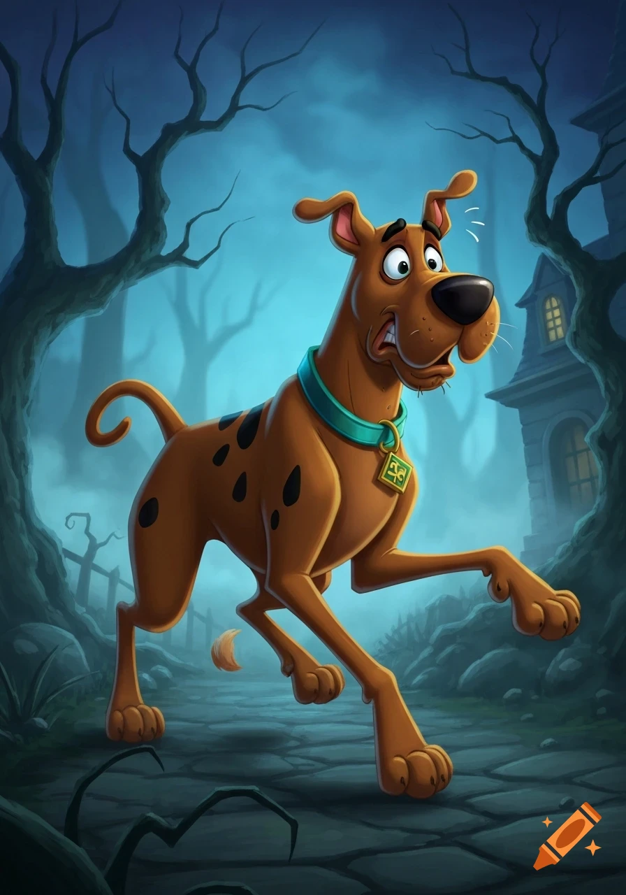 Scooby Doo, looking scared and anxious, runs through a dark, spooky forest past a haunted house.