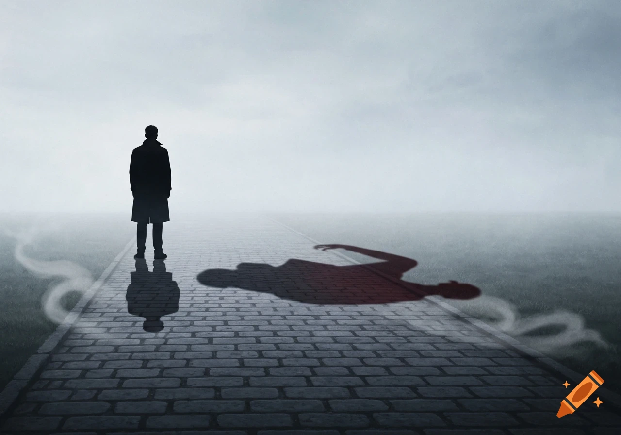 Silhouette of a man on a cobblestone path in mist, his shadow appearing as a prone figure.