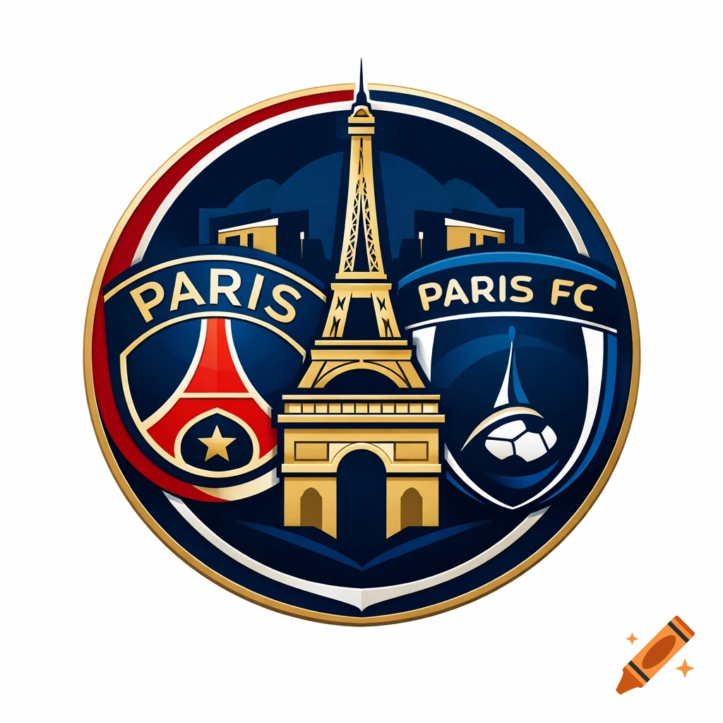 A circular logo featuring the Eiffel Tower and Arc de Triomphe, flanked by 'PARIS' and 'PARIS FC' banners, in gold, red, and blue.