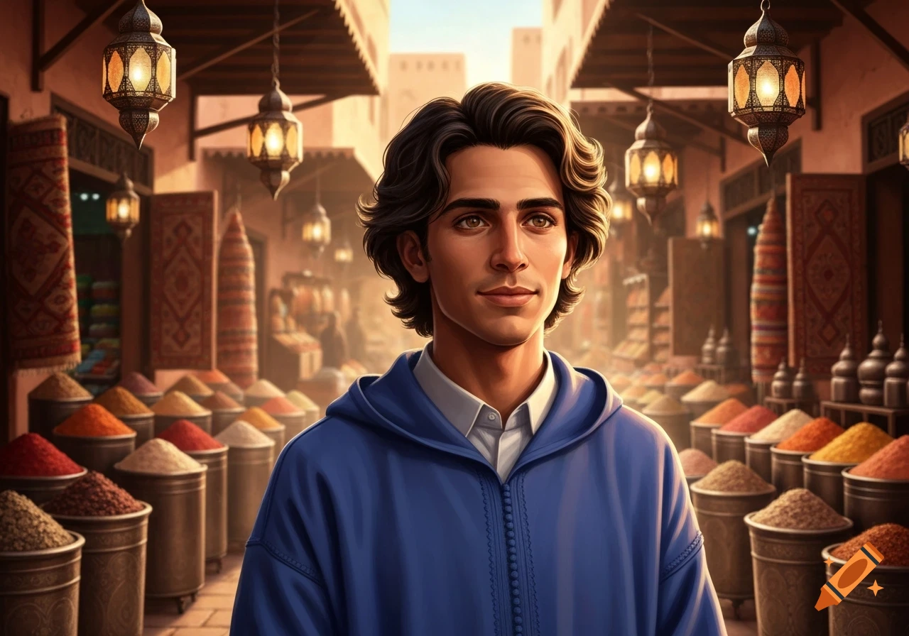 A young Moroccan man in a blue hoodie stands in a bustling market filled with colorful spices and hanging lanterns.
