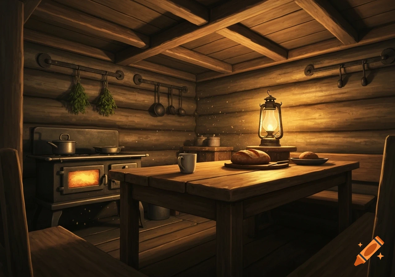 A warmly lit rustic cabin kitchen with a wood-burning stove, a wooden table with bread and a lantern, and hanging herbs.