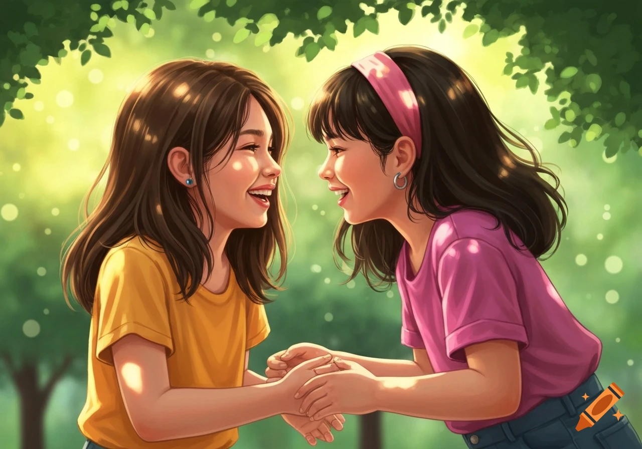 Two smiling young girls with long dark hair, wearing yellow and pink shirts, holding hands in a sunny park. Digital illustration.